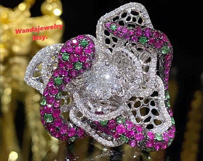 Vintage 18K White Gold 2.16ct Diamond, Emerald & Ruby Snake Rose Flower Ring Size 8.5