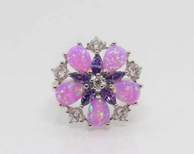 Vintage Sterling Silver Pink Opal, Amethyst & White Topaz Flower Ring Size 9.5