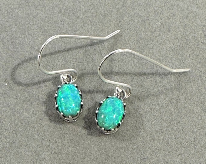 Vintage Sterling Silver Oval Green Opal Dangle Earrings.