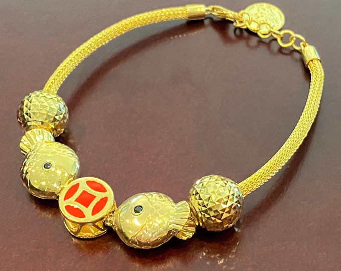 Vintage 18K Solid Yellow Gold Enamel Fish Balls Link Chain Bracelet 7''