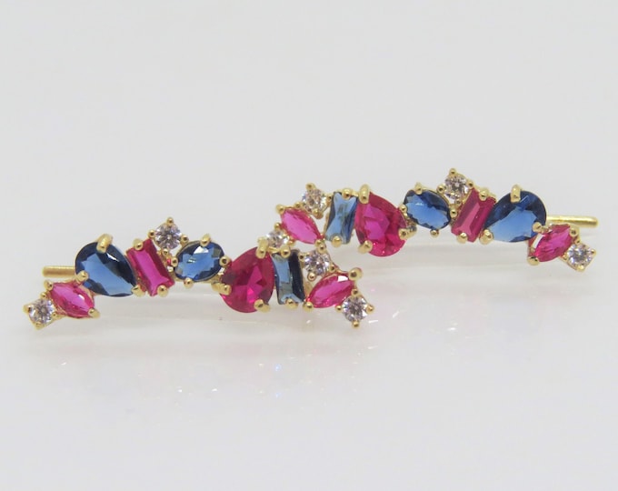 Vintage 14K Solid Yellow Gold Multi Color Gemstones Earrings