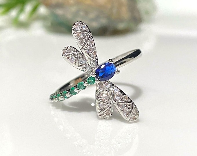 Vintage Sterling Silver White Blue Sapphire, Emerald & White Topaz Dragonfly Ring Size 7.25
