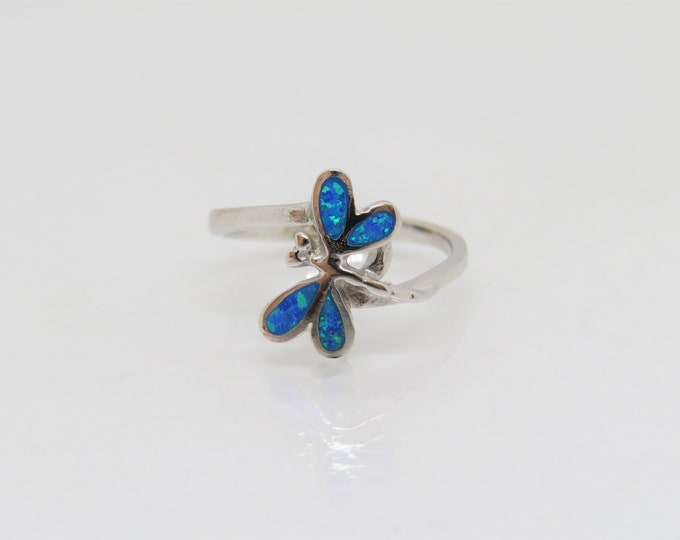 Vintage Sterling Silver Blue Opal Dragonfly Ring Size 7