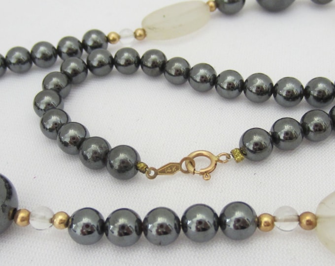 Vintage 14K Solid Yellow Gold Natural Hematite & Clear Crystal Bead Necklace 23'' Length