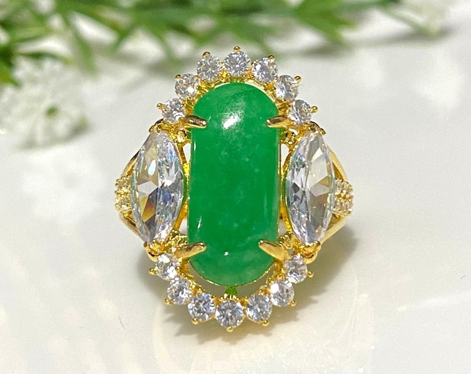 Vintage 15K 610 Solid Yellow Gold Saddle Green Jadeite Jade & White Topaz Ring Size 8
