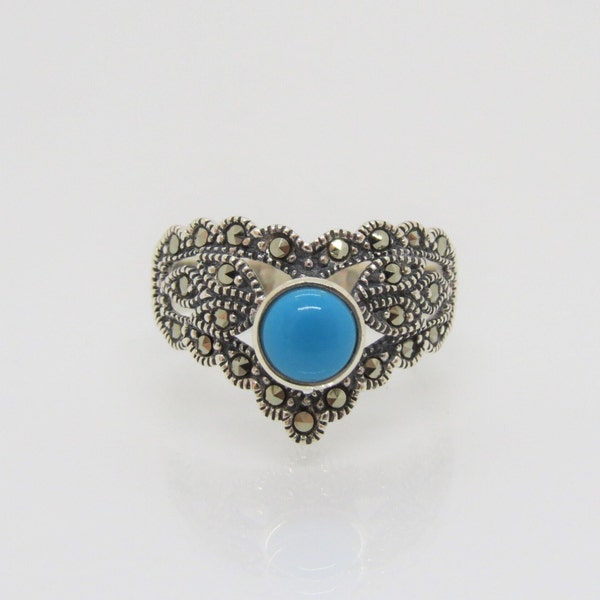 Vintage Sterling Silver Turquoise & Marcasite Ring Size 8