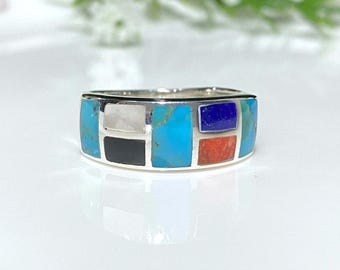 Vintage Sterling Silver Gemstone Band Ring Turquoise, Coral, Onyx, Mother of Pearl, Size 10