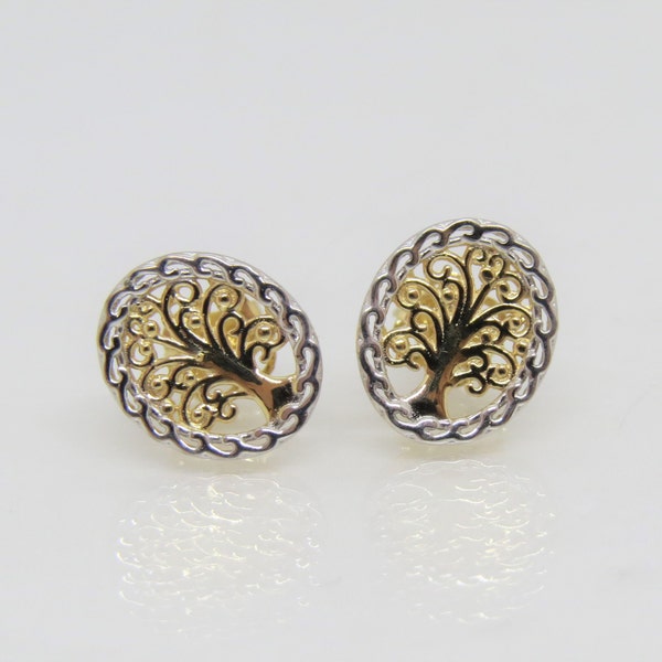 Vintage 14K Solid Yellow & White Gold Tree of Life Earrings
