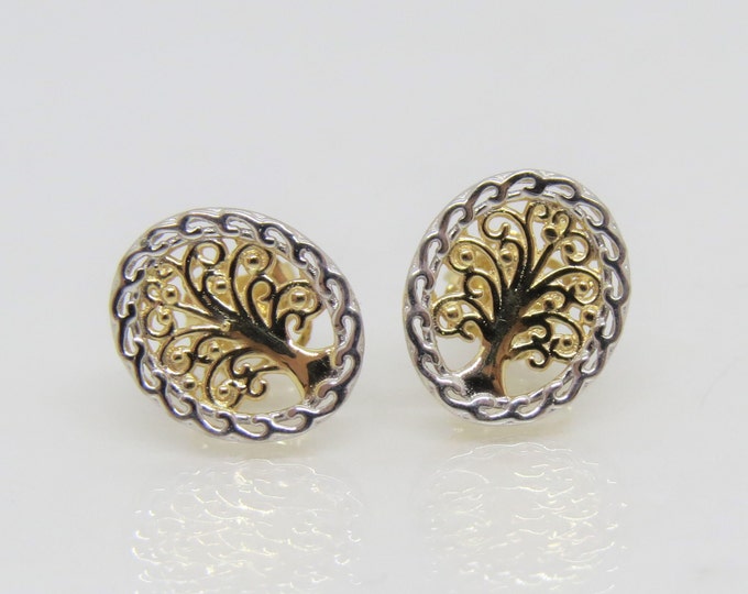 Vintage 14K Solid Yellow & White Gold Tree of Life Earrings