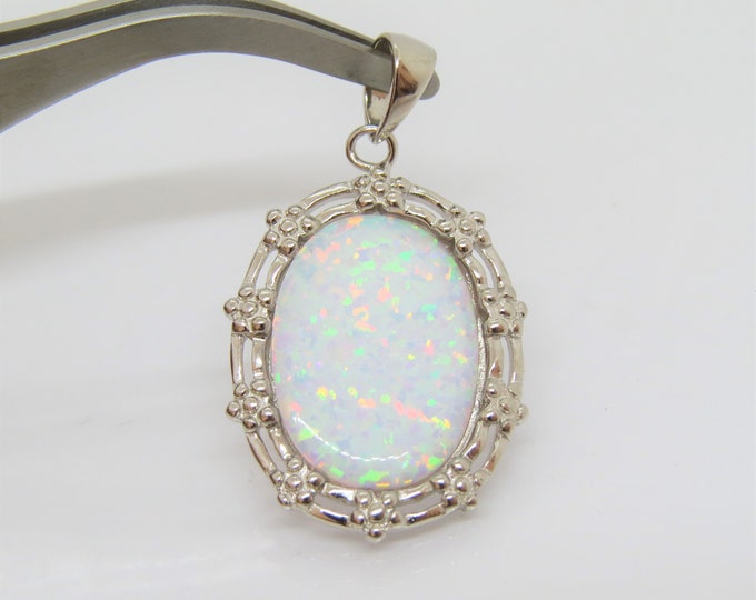 Vintage Sterling Silver Oval White Opal Flower Pendant