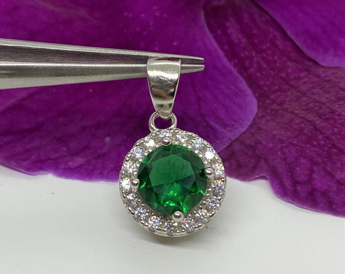 Vintage Sterling Silver Emerald & White Topaz Halo Pendant.