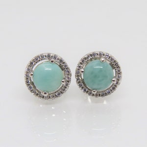Vintage Sterling Silver Natural Larimar & White Topaz Halo Earrings