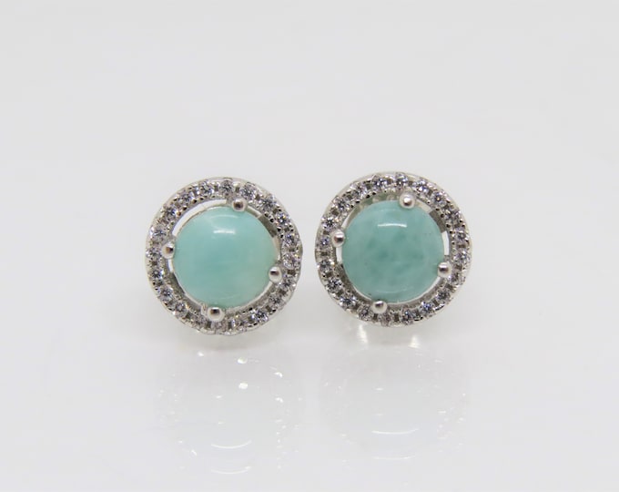 Vintage Sterling Silver Natural Larimar & White Topaz Halo Earrings