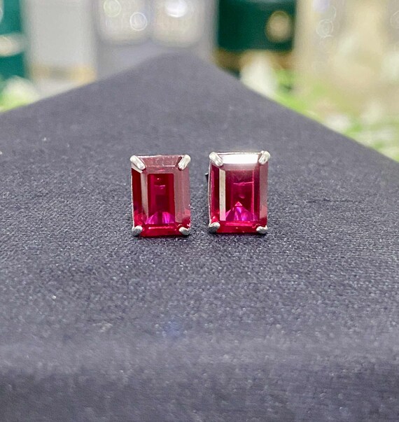 Vintage 14K Solid White Gold Rectangular Ruby Ear… - image 6