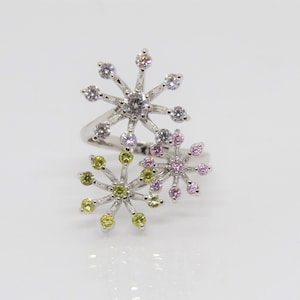Vintage Sterling Silver Citrine, Pink Sapphire & White Topaz Flowers  Ring Size 8