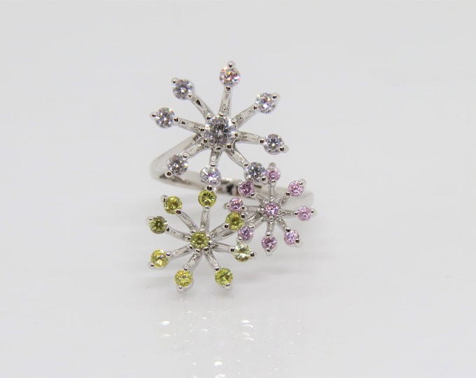 Vintage Sterling Silver Citrine, Pink Sapphire & White Topaz Flowers  Ring Size 8