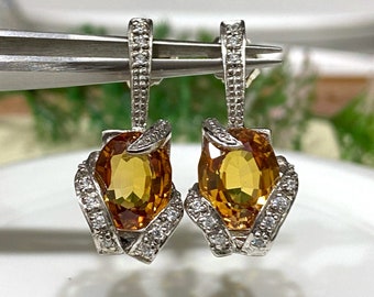 Vintage Sterling Silver Natural Oval Yellow Sapphire & White Topaz Earrings.