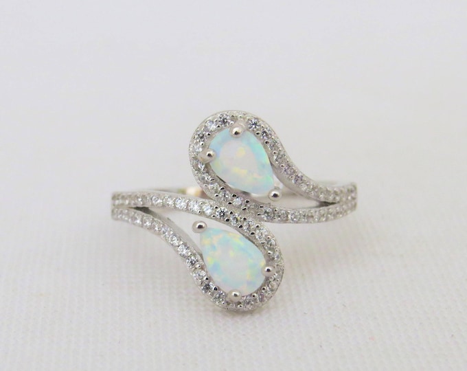 Vintage Sterling Silver White Opal & White Topaz Bypass Ring Size 7