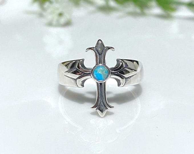Sterling Silver 925 Natural Turquoise Cross Ring Size 10