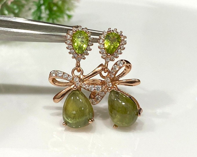 Vintage Sterling Silver Rose Gold Plate Natural Green Sapphire, Peridot & White Topaz Earrings