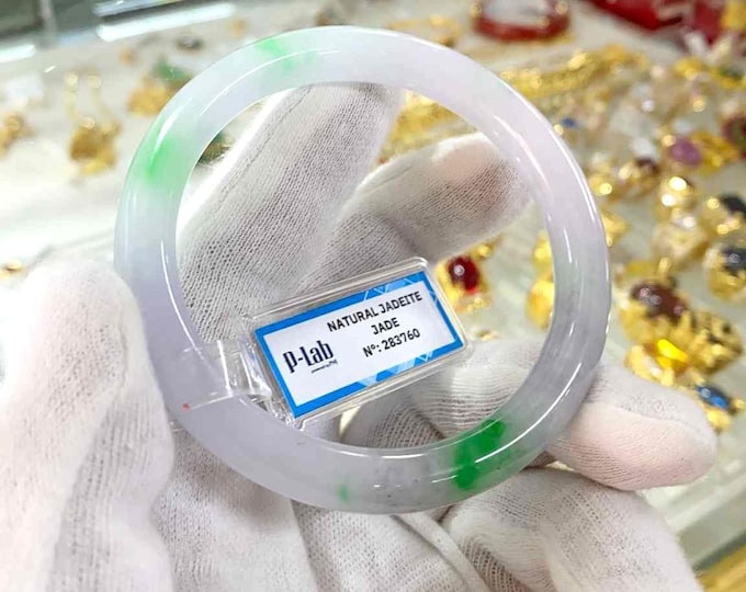 Vintage Translucent Natural Green, White, Lavender Jadeite Jade Bangle Bracelet 56.3MM