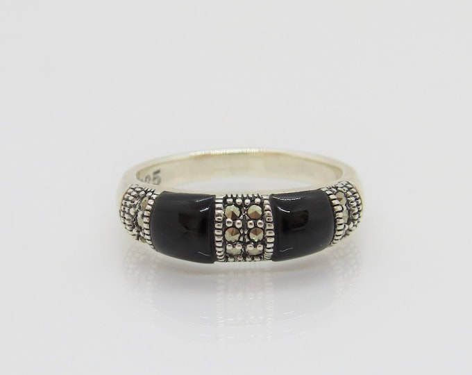 Vintage Sterling Silver Black Onyx & Marcasite Band Ring Size 9