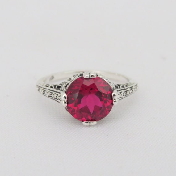 Vintage Sterling Silver Red Ruby Flower Filigree … - image 1