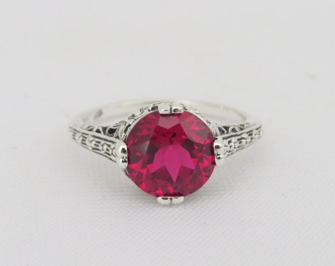 Vintage Sterling Silver Red Ruby Flower Filigree Ring Size 7