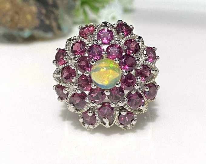Vintage Sterling Silver Natural Rhodolite & Fire Opal Ring Size 8 3/4