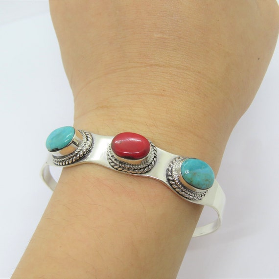 Vintage Sterling Silver Turquoise & Salmon Coral … - image 6