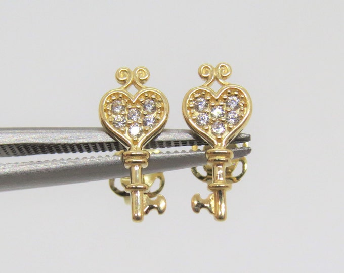Vintage 14K Solid Yellow Gold White Topaz Key Stud Earrings