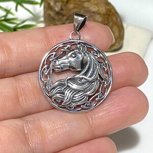 May include: Silver pendant featuring a detailed Celtic knot design with a horse's head in the center.