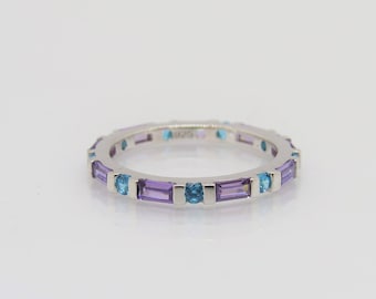 Sterling Silver Aquamarine & Amethyst Eternity Band Ring Size 8