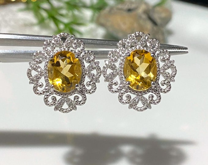 Vintage Sterling Silver Oval cut Natural Citrine & White Topaz Filigree Earrings.