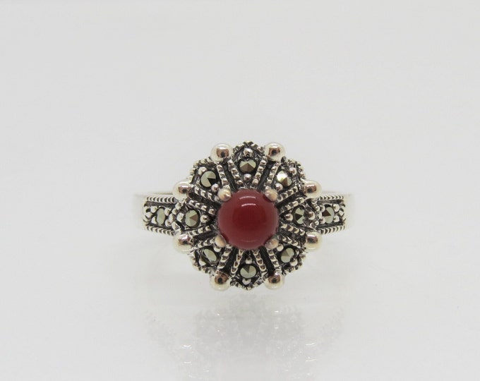 Vintage Sterling Silver Carnelian & Marcasite Flower Ring Size 7