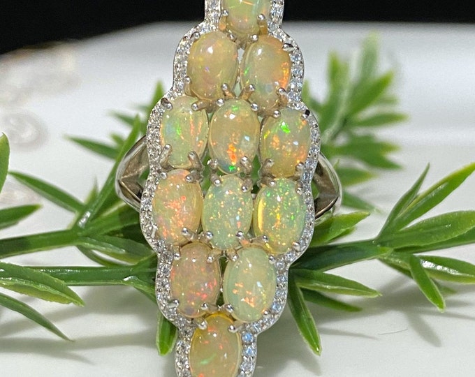 Vintage Sterling Silver Natural Oval Fire Opal & White Topaz Long Ring Size 7