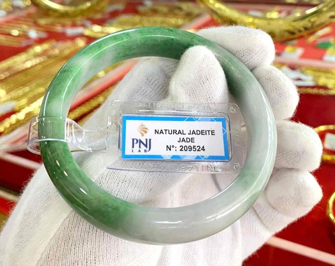 Vintage Translucent Natural Green, White Jadeite Jade Bangle Bracelet 60.4MM