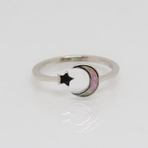 Vintage Sterling Silver Pink Opal Moon & Star Ring Size 7