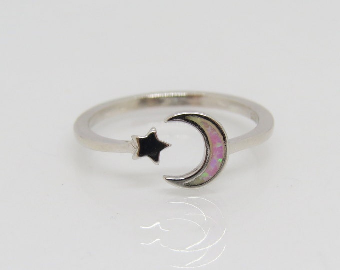 Vintage Sterling Silver Pink Opal Moon & Star Ring Size 7