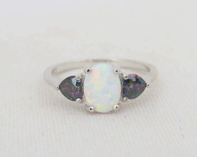 Vintage Sterling Silver White Opal & Mystic Topaz Ring Size 6