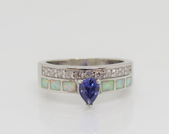 Vintage Sterling Silver Tanzanite, White Opal & White Topaz Ring.