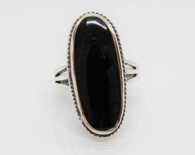 Vintage Sterling Silver Black Onyx Rope Long Ring Size 9