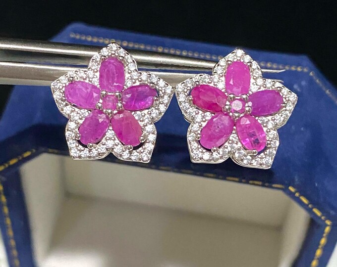 Vintage Sterling Silver Natural Ruby & White Topaz Flower Earrings.
