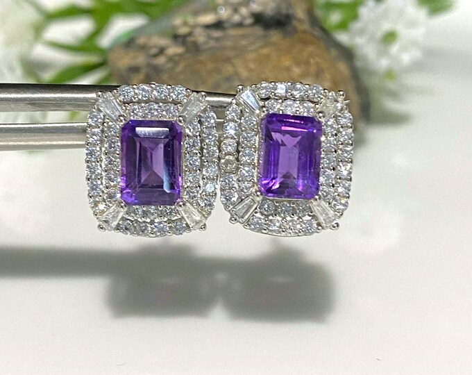 Vintage Sterling Silver Natural Amethyst & White Topaz Earrings.