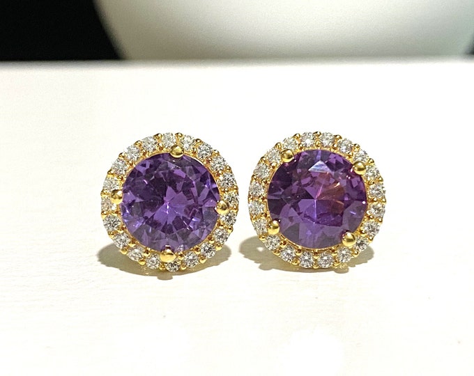 18K Solid Yellow Gold Amethyst & White Topaz Halo Stud Earrings.