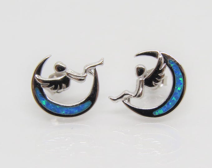 Vintage Sterling Silver Blue Opal Crescent Moon & Angel Stud Earrings