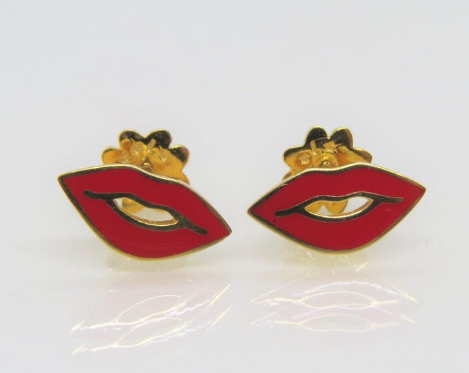 18K Solid Yellow Gold Enamel Red Sexy Lips Vintage Earrings