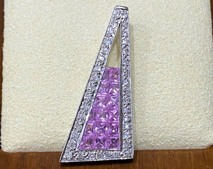 Vintage 750 18K White Gold Natural Pink Sapphire, Diamond Pendant.