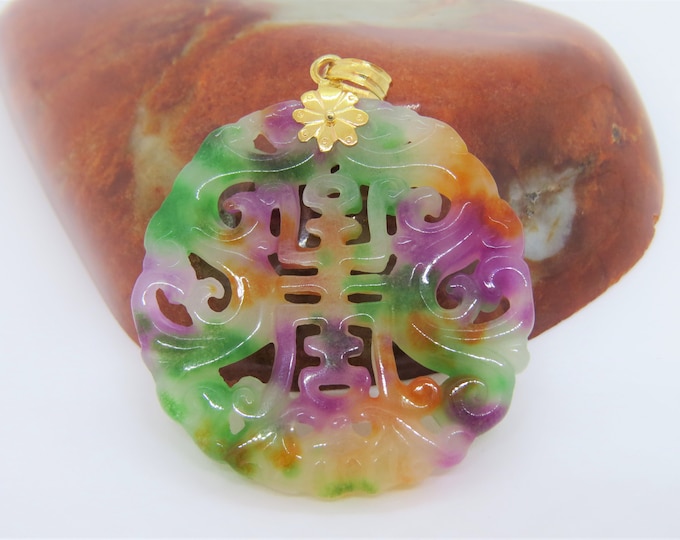 Vintage 18K Solid Yellow Gold Carved Purple, Green & Orange Flower Jadeite Jade Pendant