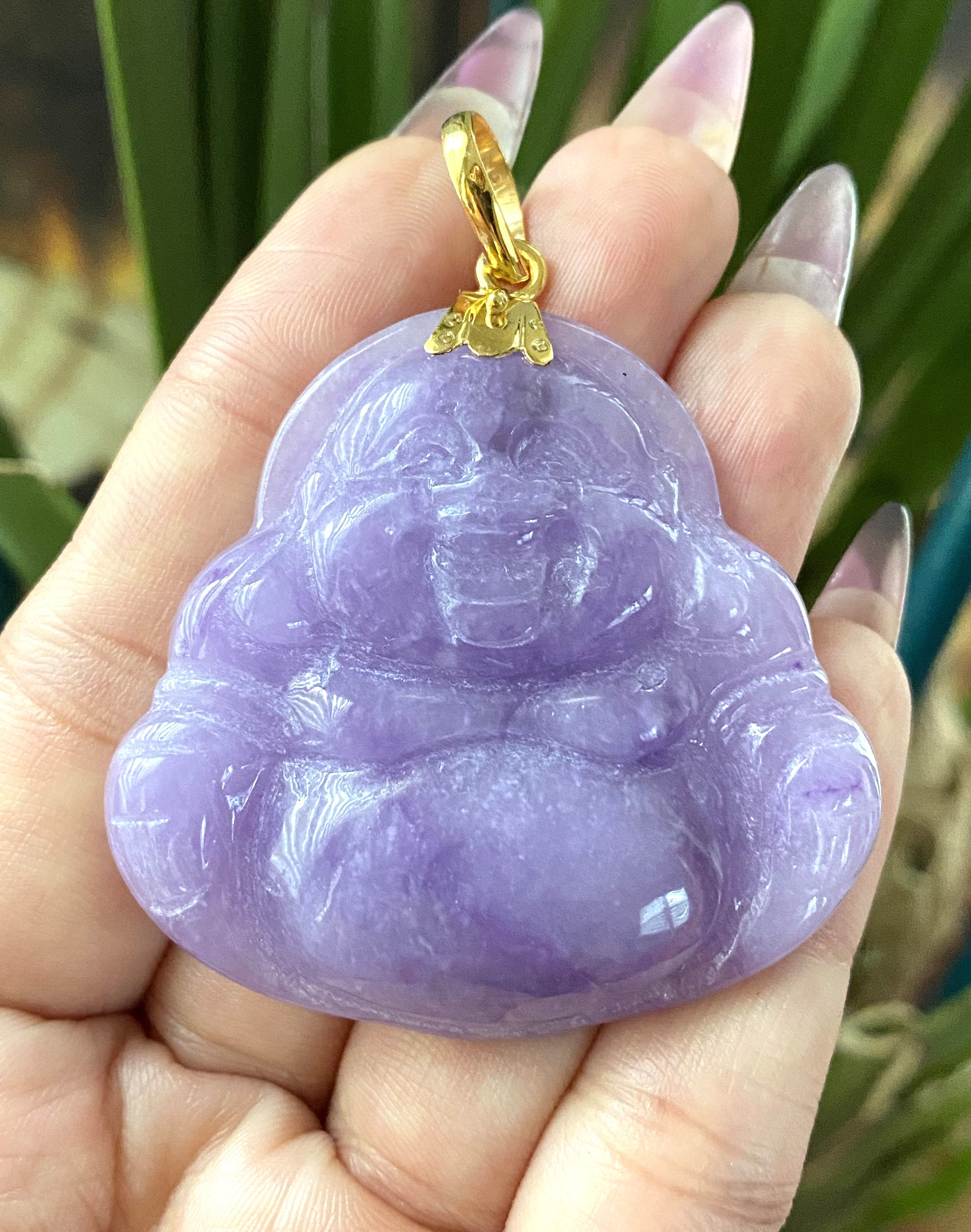Vintage 18K Solid Yellow Gold Natural Purple Lavender Jadeite Jade